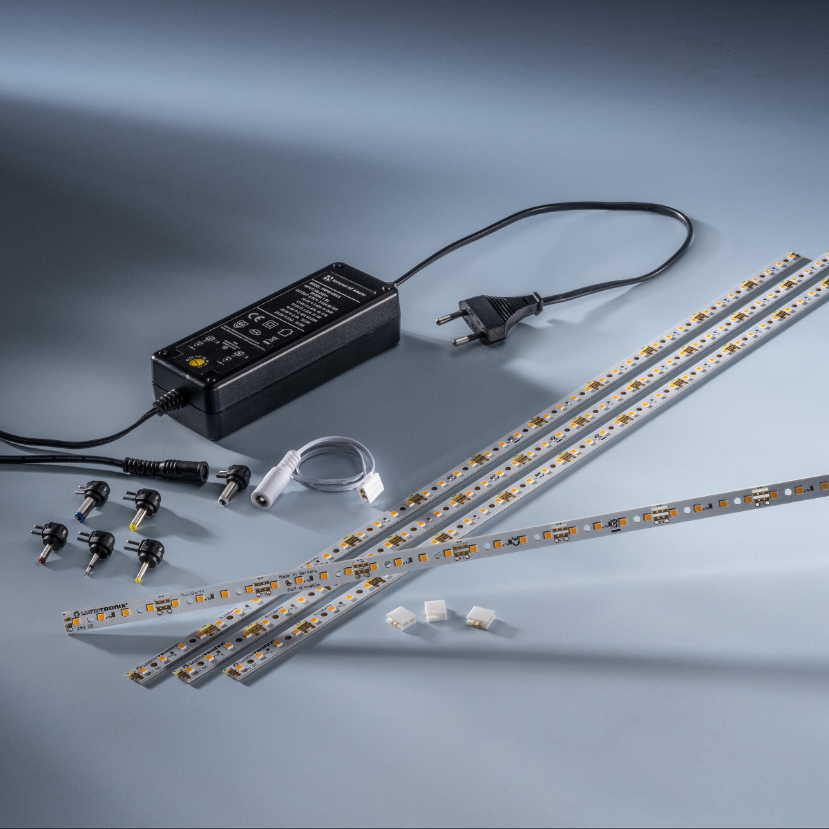 Plug&amp;Play Starter-Set 4 x Multibar3090 Nichia tira LED blanco cálido CRI90 3000K 732lm 24V 44 LEDs 50cm con driver y cables